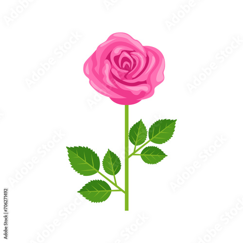Pink rose flower with stem and leaves. Simple flat icon.