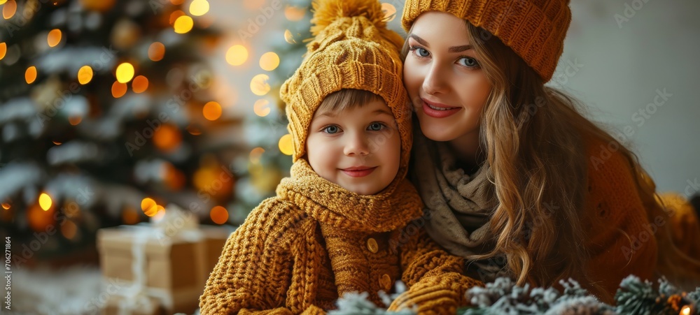 Close-up portrait of beautiful Caucasian mother and her daughter in knitted sweaters and hats with gift boxes near the Christmas tree. Cheerful mom and cute child exchange gifts. Morning Christmas.