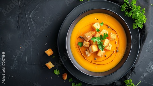 Advertising photo of soup with pieces of bread. photo