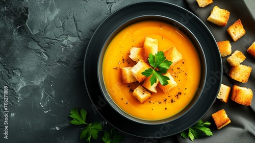 Advertising photo of soup with pieces of bread.