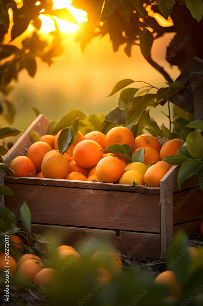 Oranges harvested in a wooden box with orchard and sunshine in the background. Natural organic fruit abundance. Agriculture, healthy and natural food concept. Vertical composition.