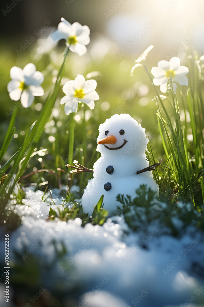 Obraz premium Snowman on a meadow with grass and spring flowers growing through the melting snow. Concept of spring coming and winter leaving.