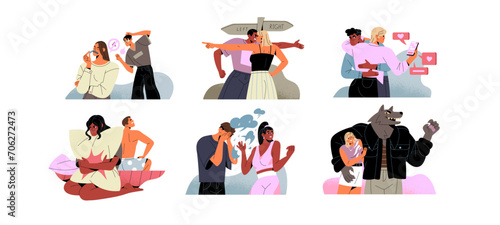 Relationships problems concept set. Couples argue, quarrel. Troubles with misunderstanding, abuse, mistrust. Lack of communication, support. Lovers conflict. Flat isolated vector illustration on white