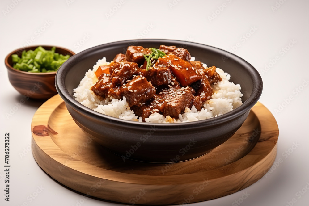 Close-up of stewed pork with boiled rice in Taiwanese style. The famous Taiwanese traditional street food delicacy. Close-up of stewed pork with boiled rice in Taiwanese style. The famous Taiwanese traditional street food delicacy.