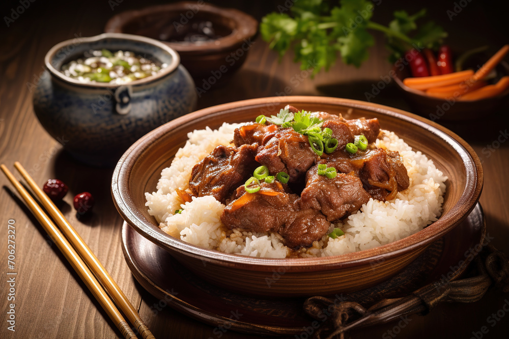 Close-up of stewed pork with boiled rice in Taiwanese style. The famous Taiwanese traditional street food delicacy. Close-up of stewed pork with boiled rice in Taiwanese style. The famous Taiwanese traditional street food delicacy.