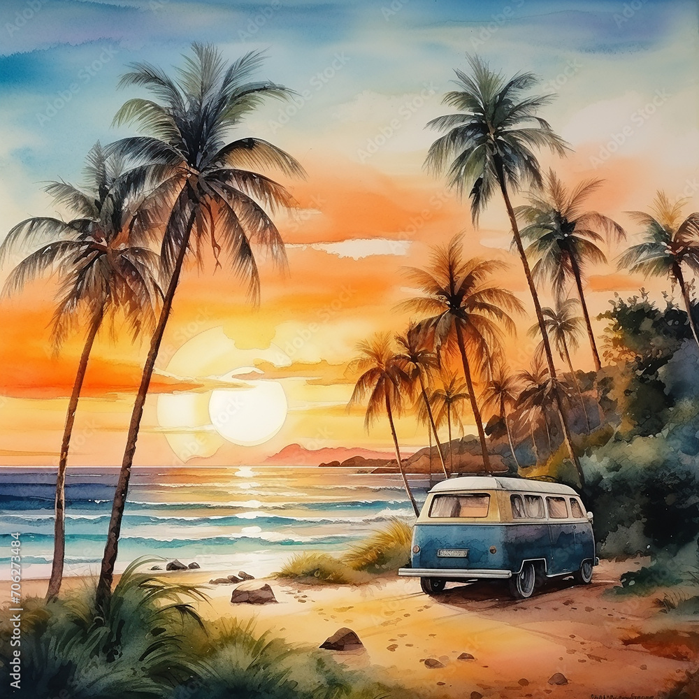 watercolor drawing, sunset landscape by the sea with a mobile home. car travel, beautiful tropical landscape with palm trees and sea