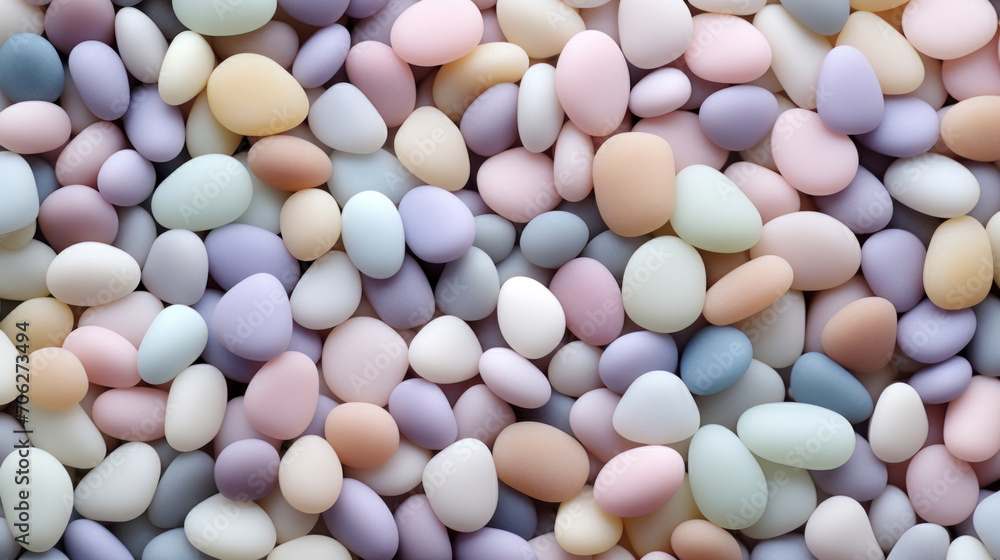 A playful and vibrant assortment of colorful candy eggs scattered on a pastel-toned background.