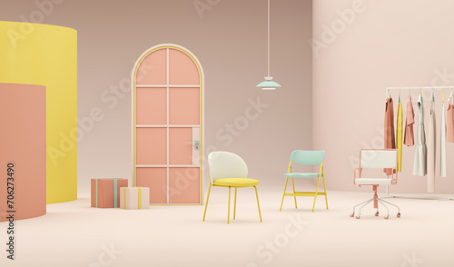 Clothes hanging on a rack  arch door  lamp and armchair on pastel pink background. Creative composition. 3D render for web page  presentation  studio  store fashion  