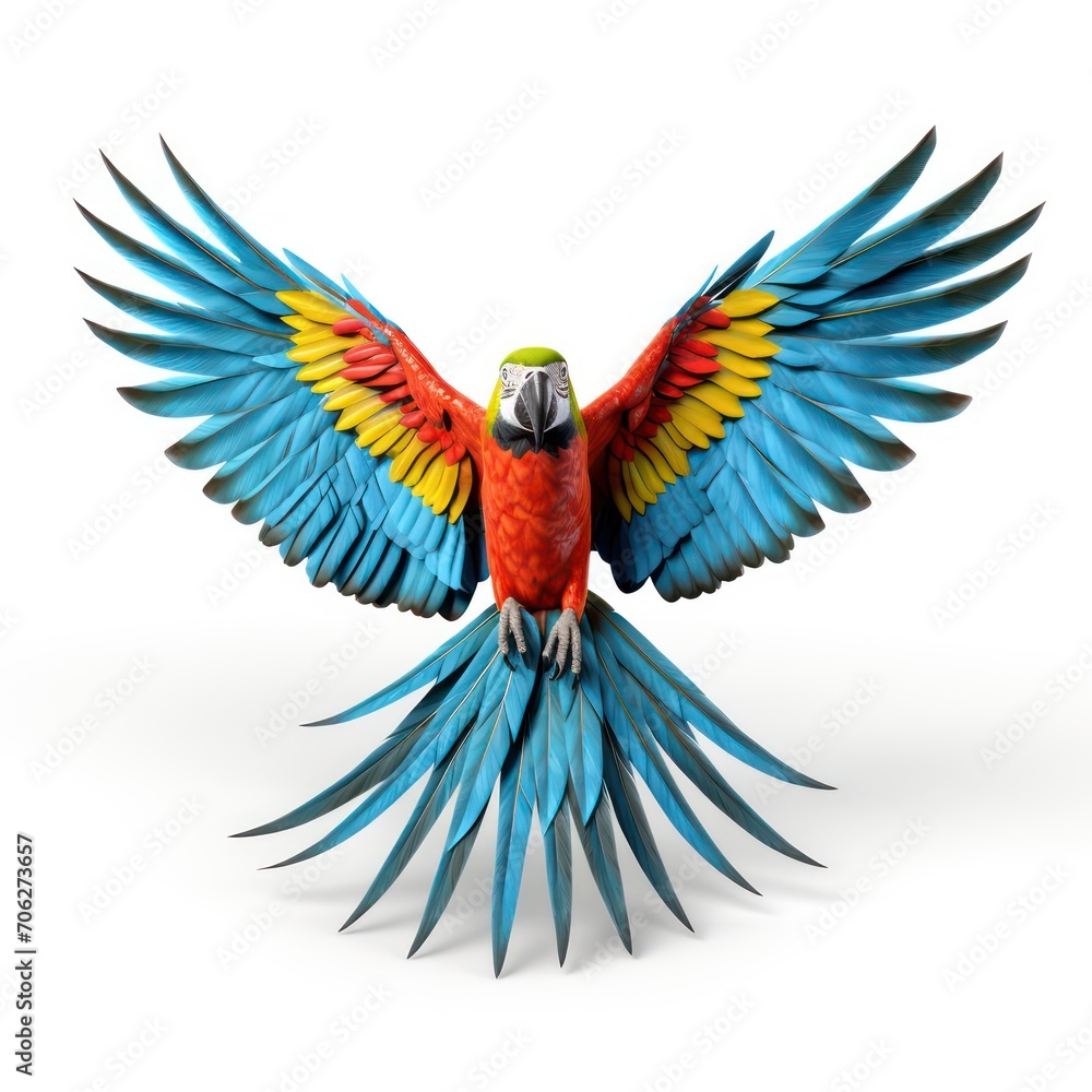 A colorful parrot with wings spread
