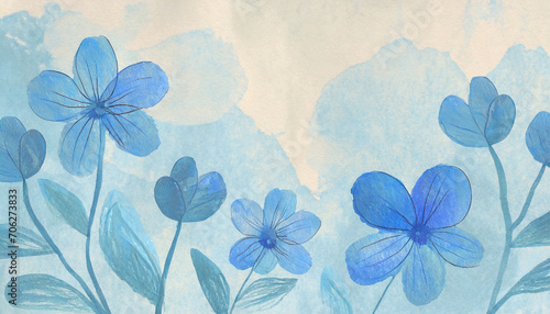 Grunge background with hand drawn blue flowers on watercolor paper for wallpaper  packaging  wedding invitations