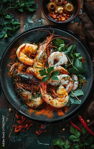 Food on a plate, seafood, shrimp, photography, created with AI © Timeless_art