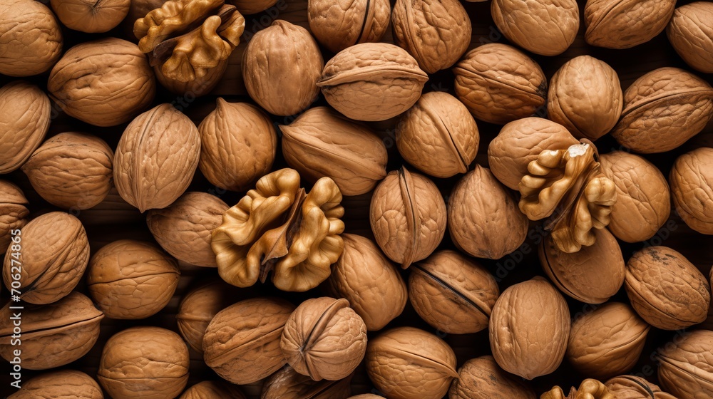 A full frame top view of a surface containing a bunch of fresh, uncooked, brown, crispy walnuts A full frame top view of a surface containing a bunch of fresh, uncooked, brown, crispy walnuts