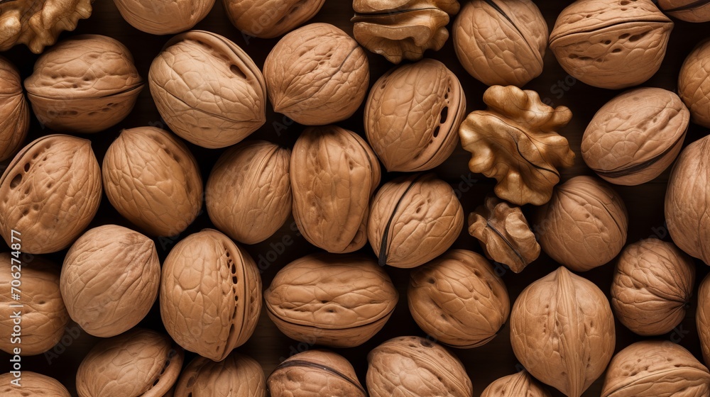 A full frame top view of a surface containing a bunch of fresh, uncooked, brown, crispy walnuts A full frame top view of a surface containing a bunch of fresh, uncooked, brown, crispy walnuts