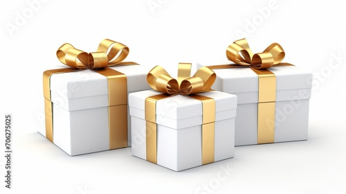 Present boxes isolated on white. Three-dimensional white present boxes with golden bows and ribbons. Birthday party idea. Vector artwork.