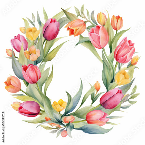 watercolor wreath of flowers leaves and tulips.