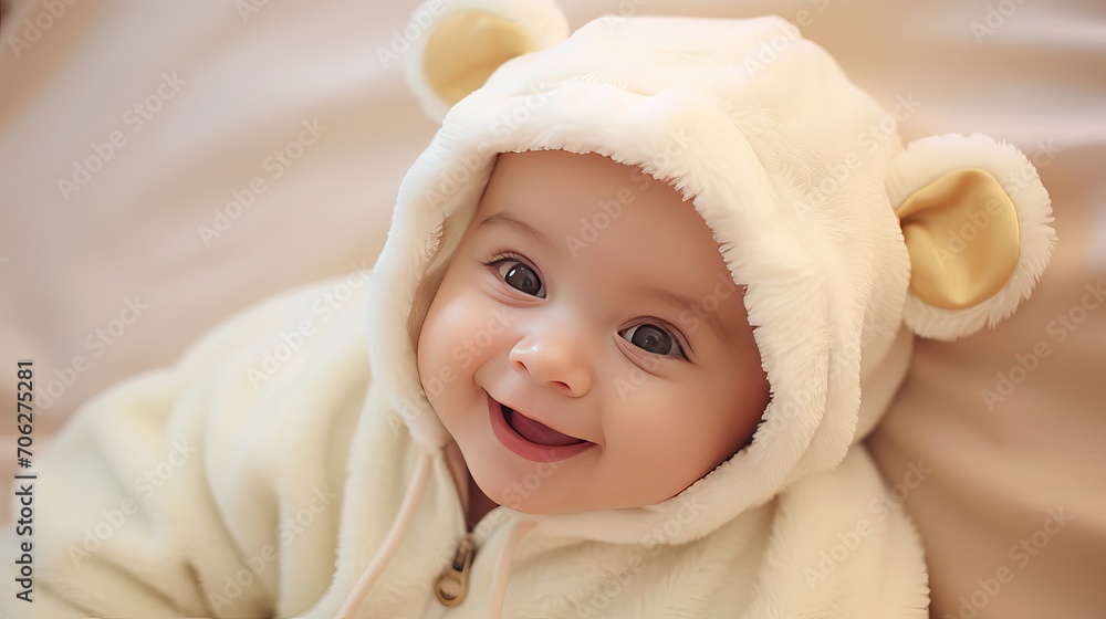 Adorable three-month-old newborn girl lying on her belly on a bed, gazing up at the world with her large eyes. Adorable three-month-old newborn girl lying on her belly on a bed, gazing up at the world with her large eyes.
