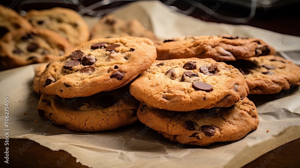 a sheet of paper with baked chocolate chip cookies from above