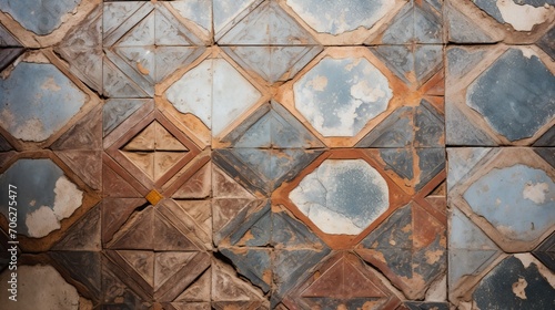 From above the worn  decorative tile floor of an ancient Marrakech building in Morocco
