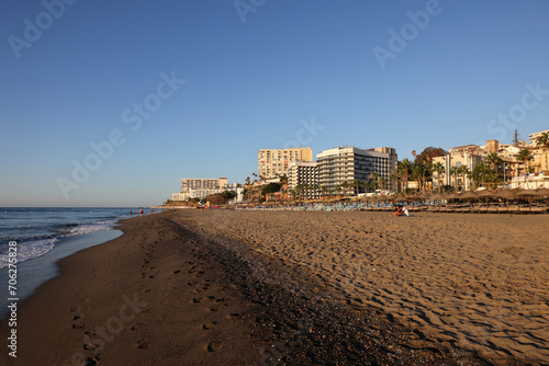  View of Bajondillo Beach and hotels in Torremolinos at sunrise. Costa del Sol, Spain. photo