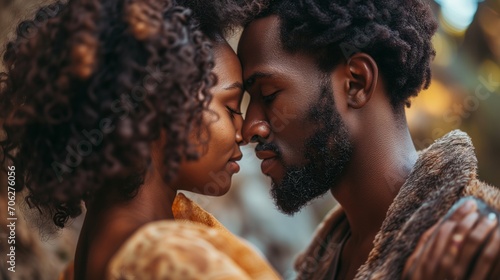 Black couple in love kissing each other.