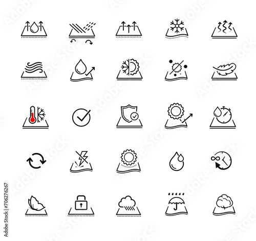 Set icons for functional fabric, clothing. Vector illustration. Isolated on white background. It can be used in the adv, promo, package, etc. EPS10.	
