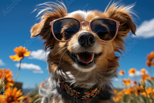 Funny cute dog with sunglasses against the blue sky in summer looks at the camera. Vacation concept
