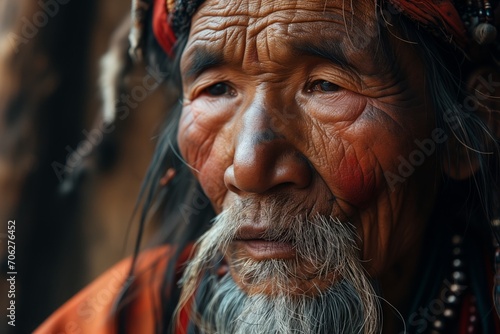 Close-up portrait of an old shaman.