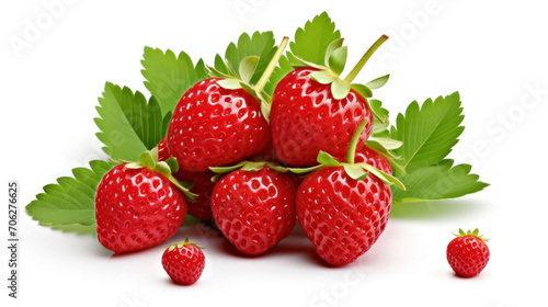 Ripe red strawberries with fresh green leaves isolated on a white background, symbolizing organic produce.