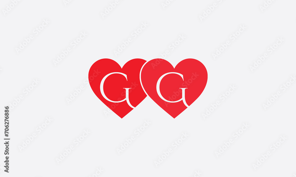 Hearts shape GG. Red heart sign letters. Valentine icon and love symbol. Romance love with heart sign and letters. Gift red love