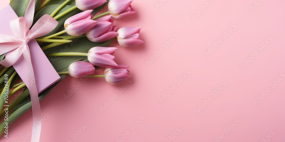 Obraz premium Bunch of tulips, holiday gift box on a pink background. There is empty space on the side of the photo for text and advertising. Holiday banner.Flat lay. Top view