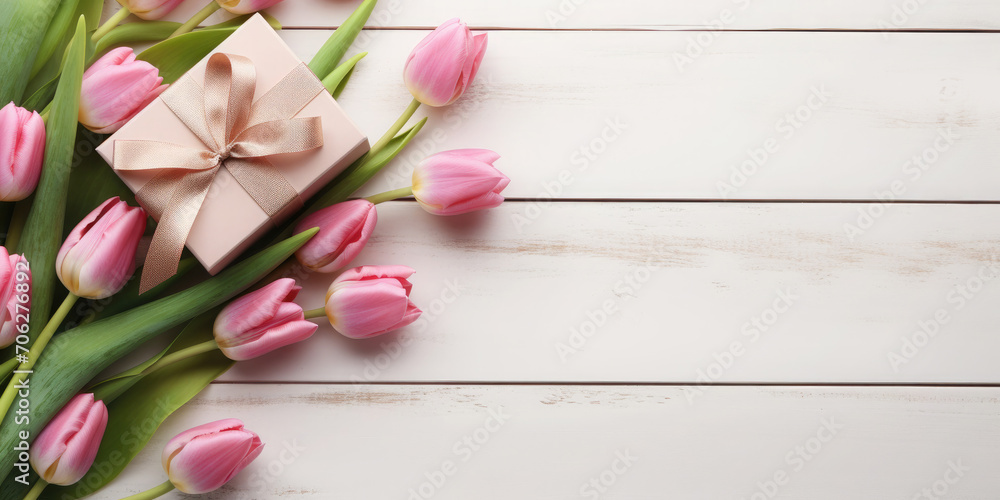 Bunch of tulips, holiday gift box on a white wooden background. There is empty space on the side of the photo for text and advertising. Holiday banner.Flat lay. Top view Bunch of tulips, holiday gift box on a white wooden background. There is empty space on the side of the photo for text and advertising. Holiday banner.Flat lay. Top view