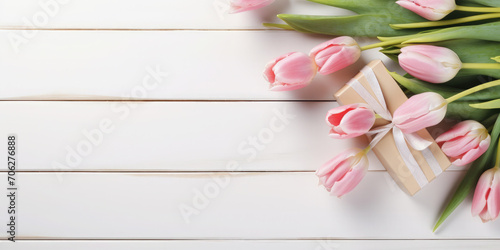 Bunch of tulips, holiday gift box on a white wooden background. There is empty space on the side of the photo for text and advertising. Holiday banner.Flat lay. Top view © syhin_stas