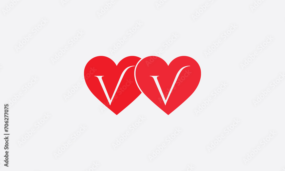 Hearts shape VV. Red heart sign letters. Valentine icon and love symbol. Romance love with heart sign and letters. Gift red love
