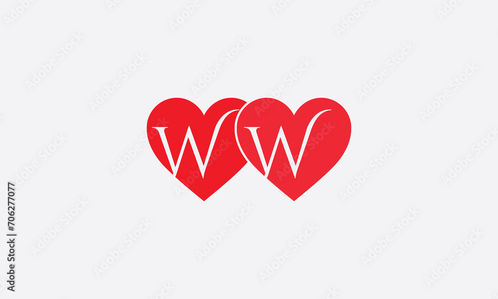 Hearts shape WW. Red heart sign letters. Valentine icon and love symbol. Romance love with heart sign and letters. Gift red love