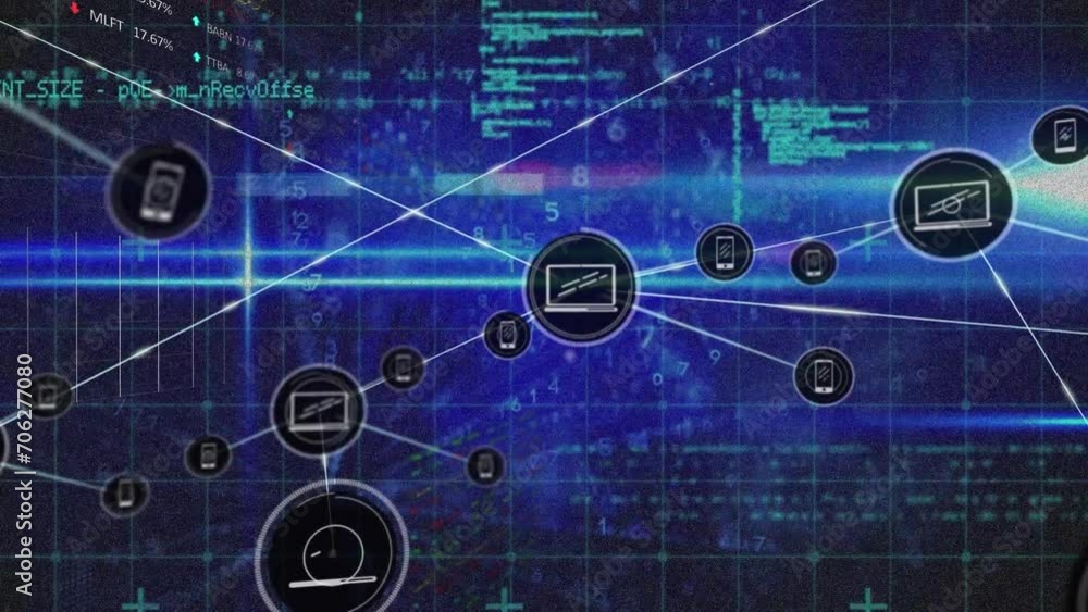 Animation of network of digital icons, data processing and blue light spots on black background