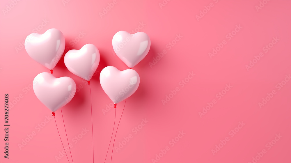 Pink heart shaped balloons, in Valentine's theme on pink background with copy space, Love, and romantic concept