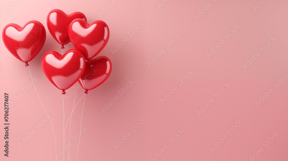Red heart shaped balloons, in Valentine's theme on pink background with copy space, Love, and romantic concept
