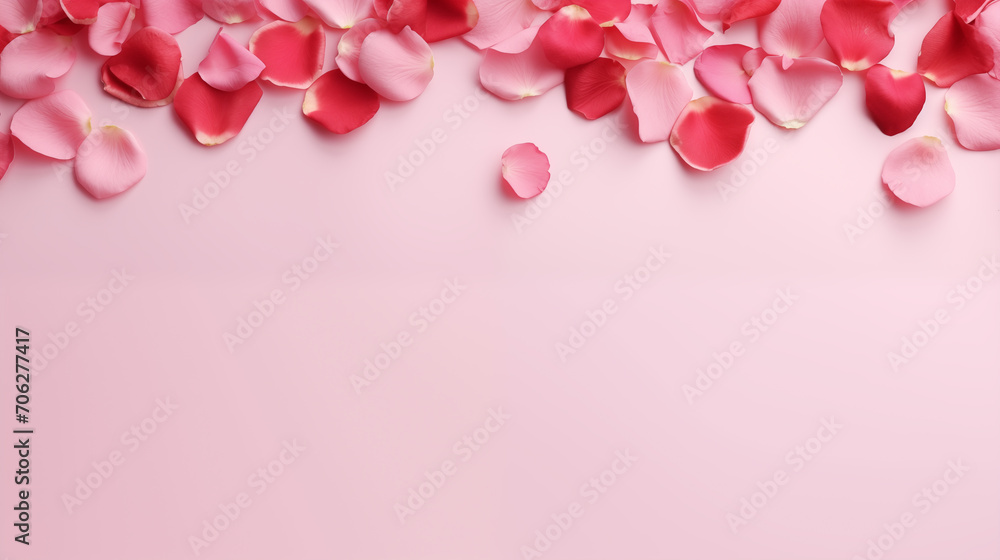 Rose flower petals on a pink background. A frame made of rose petals  top view, copy space