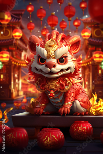 Cute cartoon style Chinese dragon at new year celebration