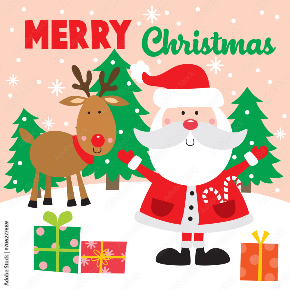 Cute Santa Claus with Reindeer and Christmas Tree Cute Santa Claus with Reindeer and Christmas Tree