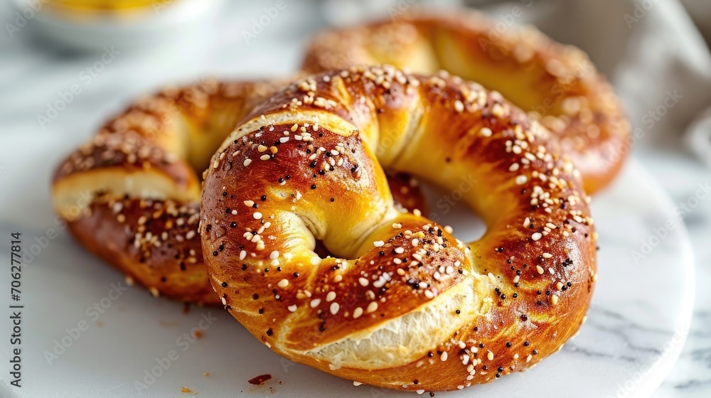 A minimalist Munich pretzel on a white marble surface, illuminated by soft, natural light from the left. A small dish of mustard on the side. A minimalist Munich pretzel on a white marble surface, illuminated by soft, natural light from the left. A small dish of mustard on the side.