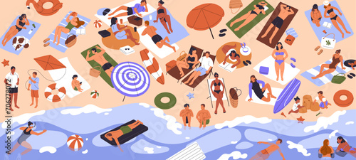 Tiny people rest on beach top view. Summer vacation on coast panorama. Crowd sunbathing on seashore, swimming in sea, lying on inflatable mattress. Kids building sand castle. Flat vector illustration