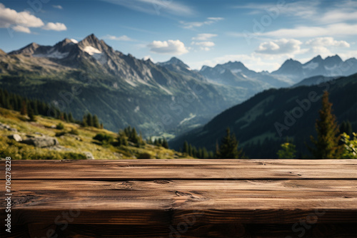 Holz Tisch Ablage vor schönem Gebirge (Durch AI generiert)