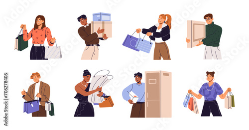 People hold lots of shopping bags set. Shopaholic with goods packages. Customers buy new household appliances in boxes. Consumers carry purchases. Flat isolated vector illustration on white background