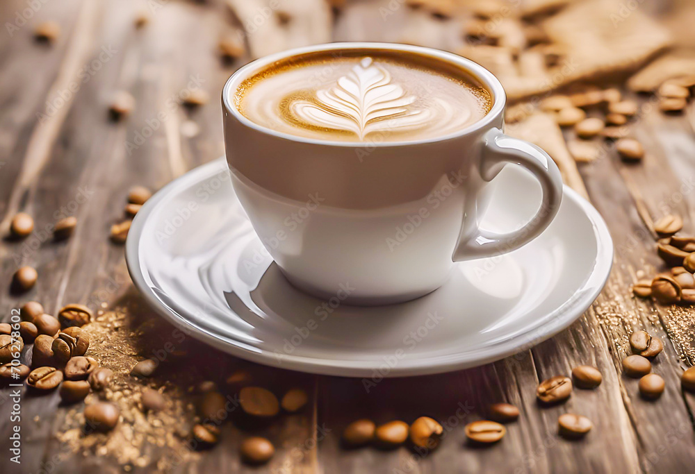 A cup of coffee and coffee beans on the table. A cup of coffee and coffee beans on the table.
