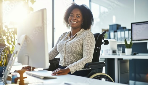 Portrait of a happy young African American woman in a wheelchair working with a computer and smiling at the camera. Digitalization and inclusion at work. photo