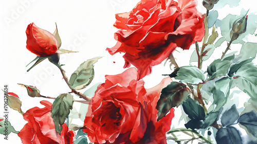 Red roses with buds and petals watercolor