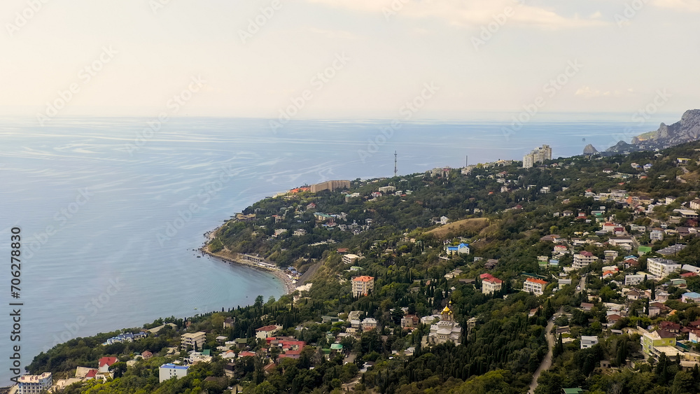 Alupka, Crimea. The south coast of Crimea. Black sea coast and mountains, Aerial View