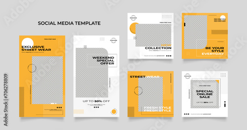 Social media template banner blog street wear fashion sale promotion. fully editable instagram and facebook square post frame puzzle organic sale poster. yellow white black vector background