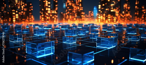 Urban city background with blue network connection lines . Abstract cyber technology futuristic city background. Banner